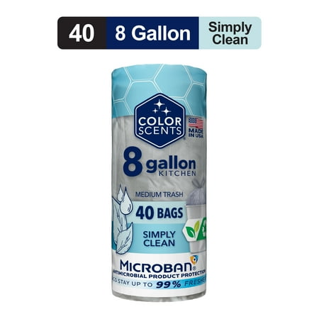 Color Scents Medium Drawstring Trash Bags with Simply Clean Scent, 8-Gallon, 40 Count, Microban Protection