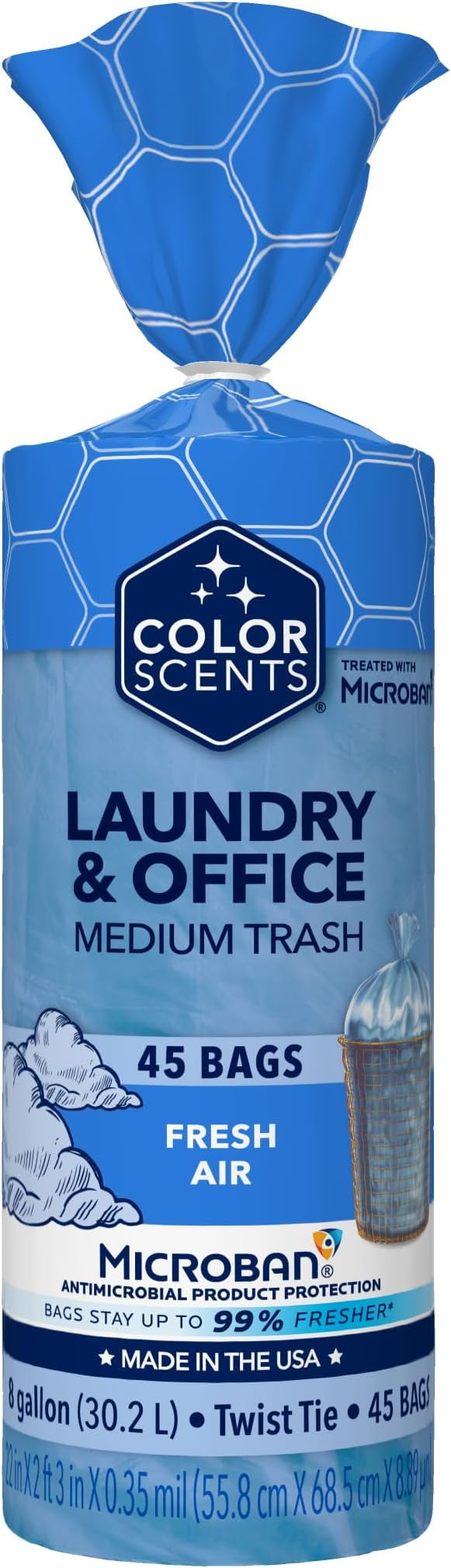 Color Scents Medium Trash Bags - 8 Gallon, 45 Bags (1 Pack of 45 Count), Twist Tie - Blue Bag in Fresh Air Scent with Microban