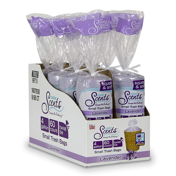 Color Scents Small Trash Bags - 4 Gallon, 480 Total Bags (8 Packs of 60 Count), Twist Tie - Lavender Bag in Lavender Scent