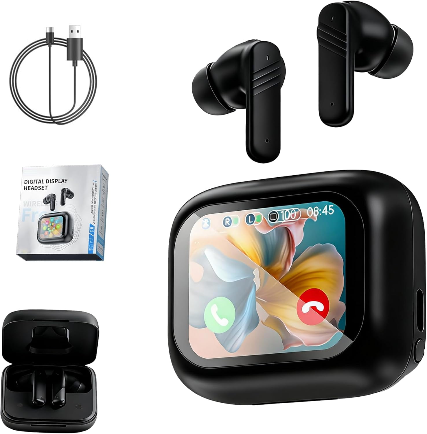 New HD Color Screen EarphonesBluetooth 5.4 | AI Translation | Intelligent Noise ReductionTouch Control & WaterproofFor Travel & Business(Black 1 PCS)