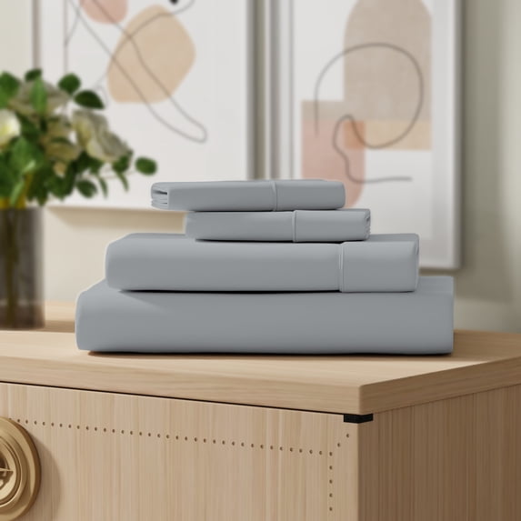 Color Sense 3-Piece 100% Cotton Percale Bed Sheet Set, Cool & Crisp Bedding, Twin, Light Gray