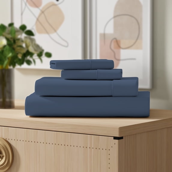 Color Sense 3-Piece 100% Cotton Percale Bed Sheet Set, Cool & Crisp Bedding, Twin, Navy