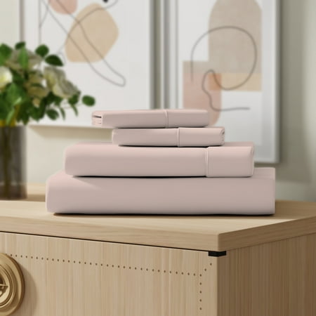 Color Sense 4-Piece 100% Cotton Percale Bed Sheet Set, Cool & Crisp Bedding, Full, Blush