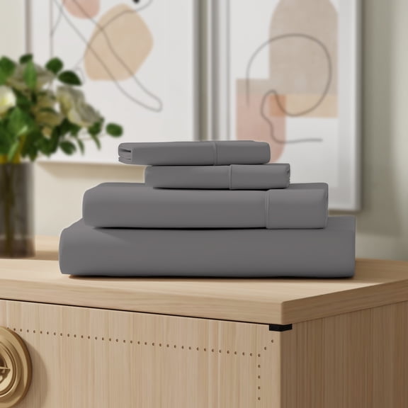 Color Sense 4-Piece 100% Cotton Percale Bed Sheet Set, Cool & Crisp Bedding, King, Dark Gray