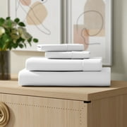 Color Sense 4-Piece 100% Cotton Percale Bed Sheet Set, Cool & Crisp Bedding, King, White