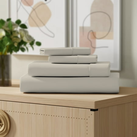 Color Sense 4-Piece 100% Cotton Percale Bed Sheet Set, Cool & Crisp Bedding, Queen, Beige