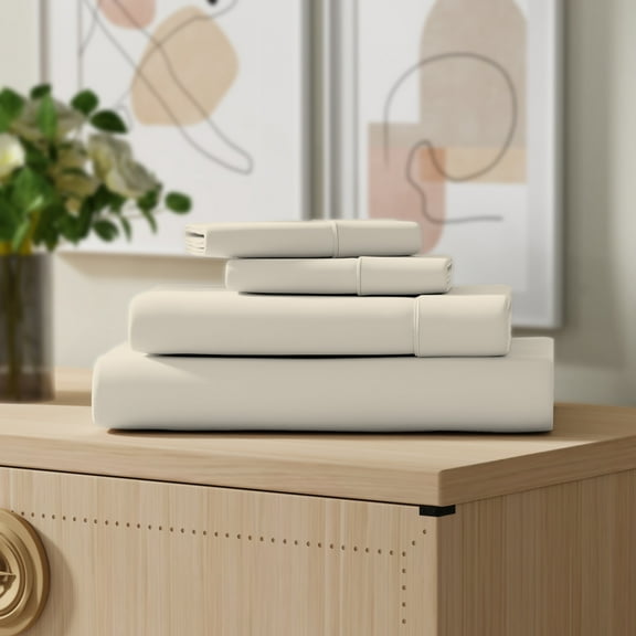 Color Sense 4-Piece 100% Cotton Percale Bed Sheet Set, Cool & Crisp Bedding, Queen, Ivory