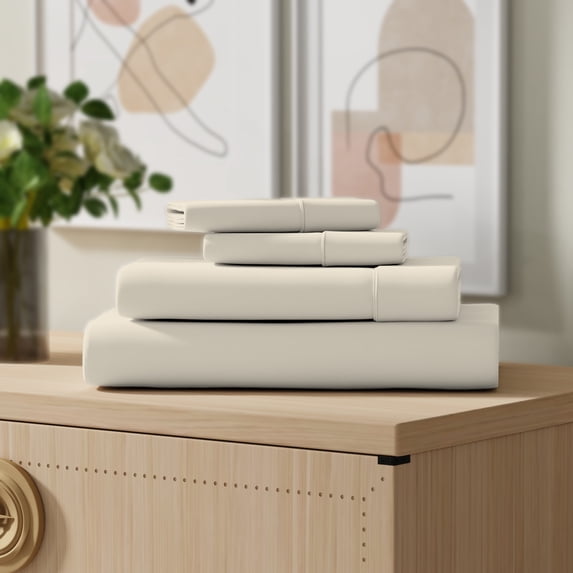 Color Sense 4-Piece 100% Cotton Percale Bed Sheet Set, Cool & Crisp Bedding, Queen, Ivory