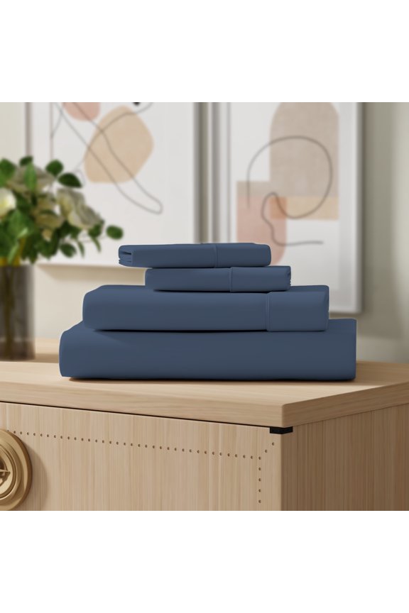4-Piece 100% Cotton Percale Bed Sheet Set, Cool & Crisp Bedding, Queen, Navy