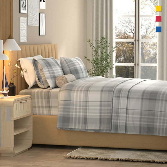Color Sense 100% Cotton Percale Cool & Crisp Print 3-Piece Sheet Set Twin Hudson Plaid Grey