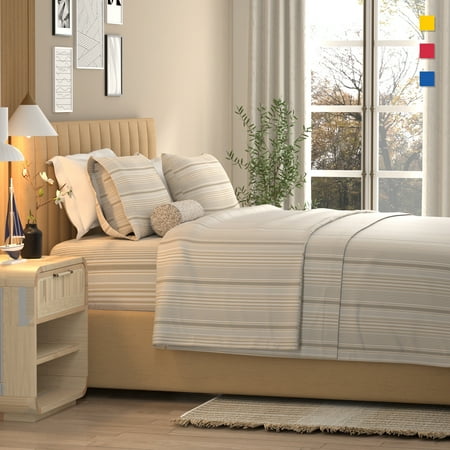 Color Sense 3-Piece 100% Cotton Percale Bed Sheet Set, Cool & Crisp Printed Bedding, Twin, Textured Stripe Natural