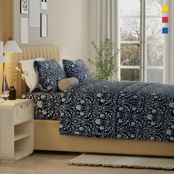 Color Sense 100% Cotton Percale Cool & Crisp Print 4-Piece Sheet Set Full Adorn Floral