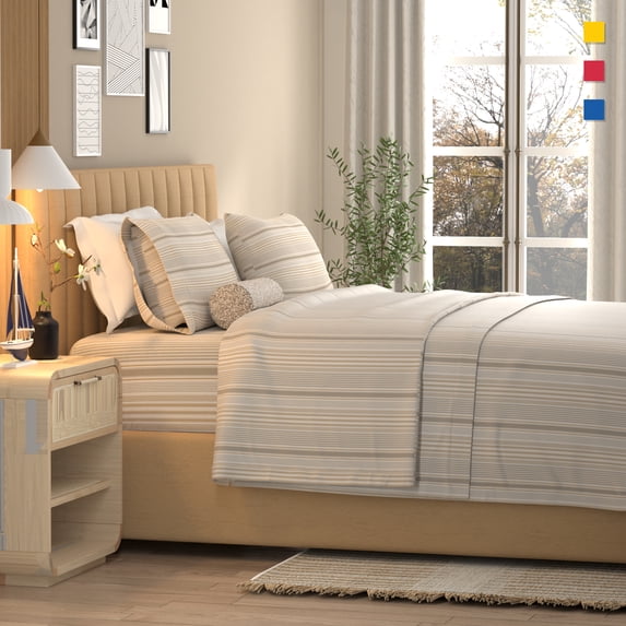 Color Sense 4-Piece 100% Cotton Percale Bed Sheet Set, Cool & Crisp Printed Bedding, Full, Textured Stripe Natural