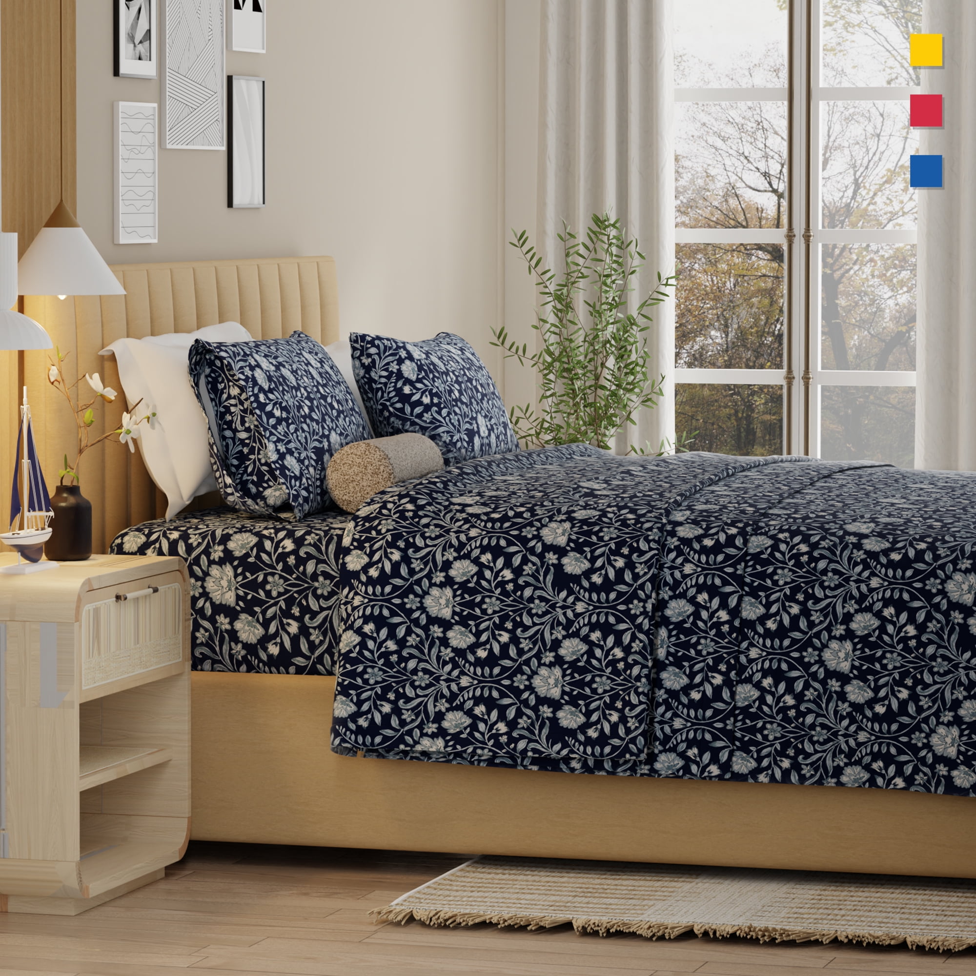 Color Sense 100% Cotton Percale Cool & Crisp Print 4-Piece Sheet Set King Adorn Floral