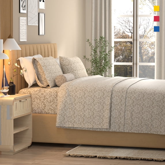 Color Sense 4-Piece 100% Cotton Percale Bed Sheet Set, Cool & Crisp Printed Bedding, Queen, Addison Damask Linen