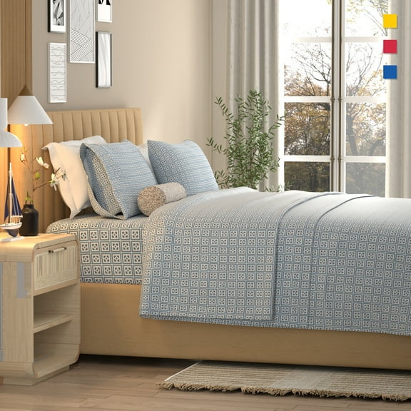 Color Sense 100% Cotton Percale Cool & Crisp Print 4-Piece Sheet Set Queen Greek Key Blue