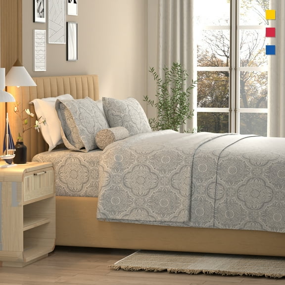 Color Sense 100% Cotton Percale Cool & Crisp Print 4-Piece Sheet Set Queen Textured Medallion Grey