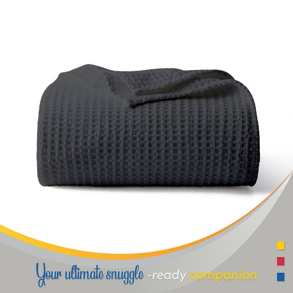 Color Sense 100% Cotton Waffle Weave Throw Blanket- Lightweight, Soft and Warm for Couch, Sofa and Bed- Full/Queen (90"X90") Dark Gray