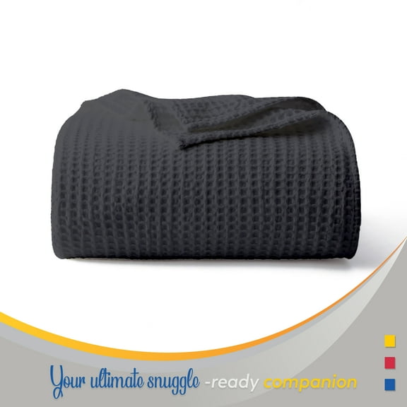 Color Sense 100% Cotton Waffle Weave Throw Blanket- Lightweight, Soft and Warm for Couch, Sofa and Bed- Full/Queen (90"X90") Dark Gray