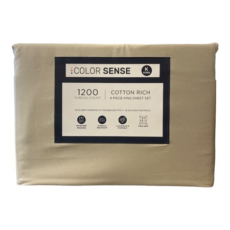 Color Sense 1200 Thread Count Cotton Rich Sheet Set, Beige, King