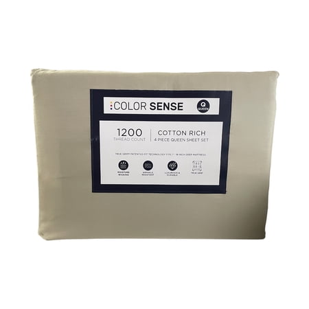 Color Sense 1200 Thread Count Cotton Rich Sheet Set, Beige, Queen