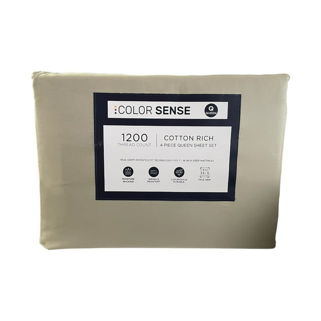 Color Sense 1200 Thread Count Cotton Rich Sheet Set, Beige, Queen