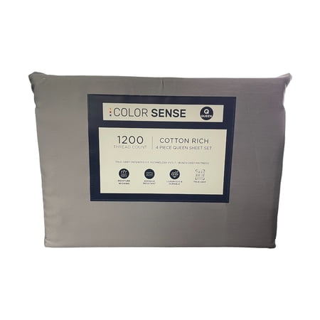 Color Sense 1200 Thread Count Cotton Rich Sheet Set, Ligh Grey, Queen