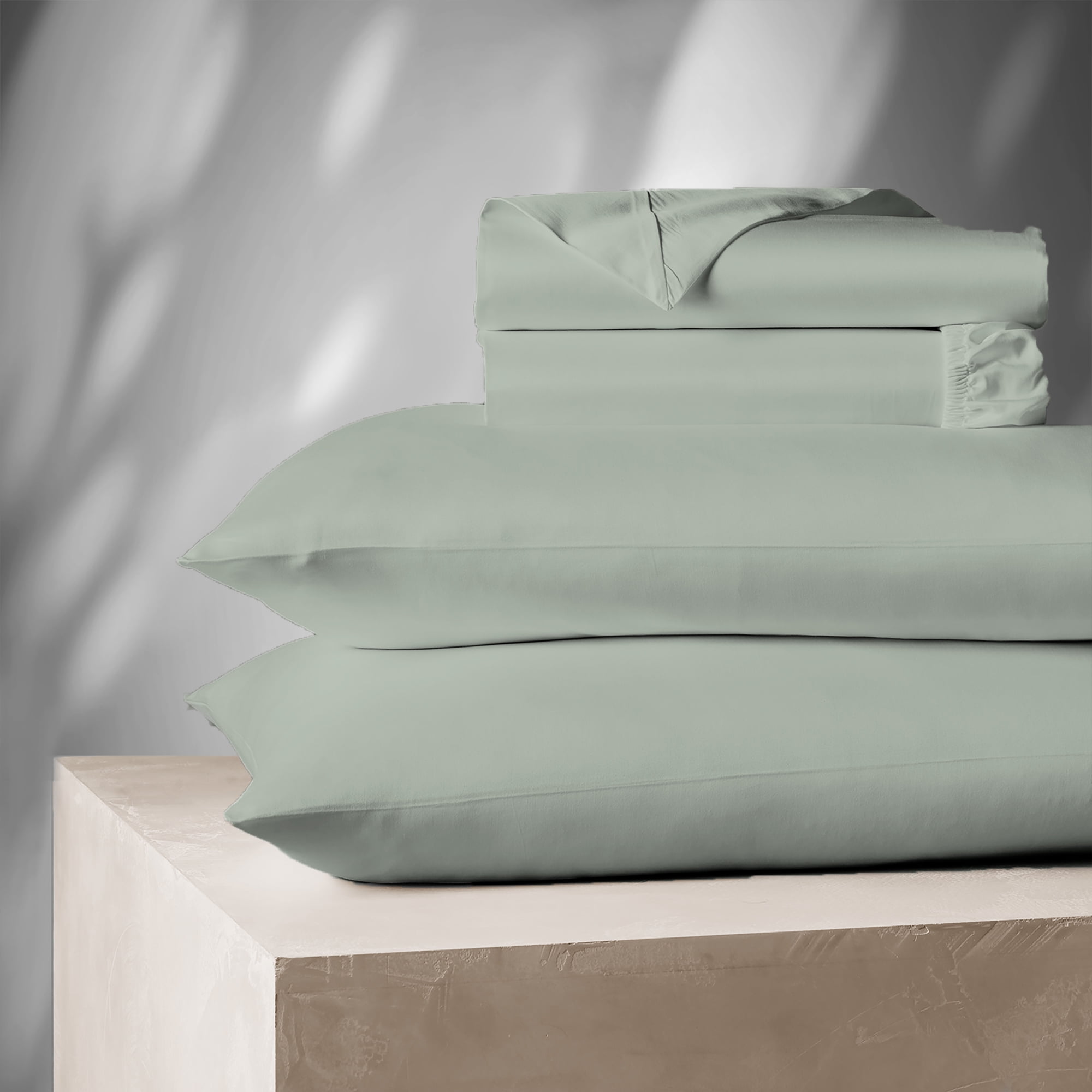 Color Sense 1200 Thread Count Wrinkle-Resistant Super Soft Extra Deep Pocket Hotel Luxury Cotton Blend 4-Piece Sateen Bedsheet Set King Light Green