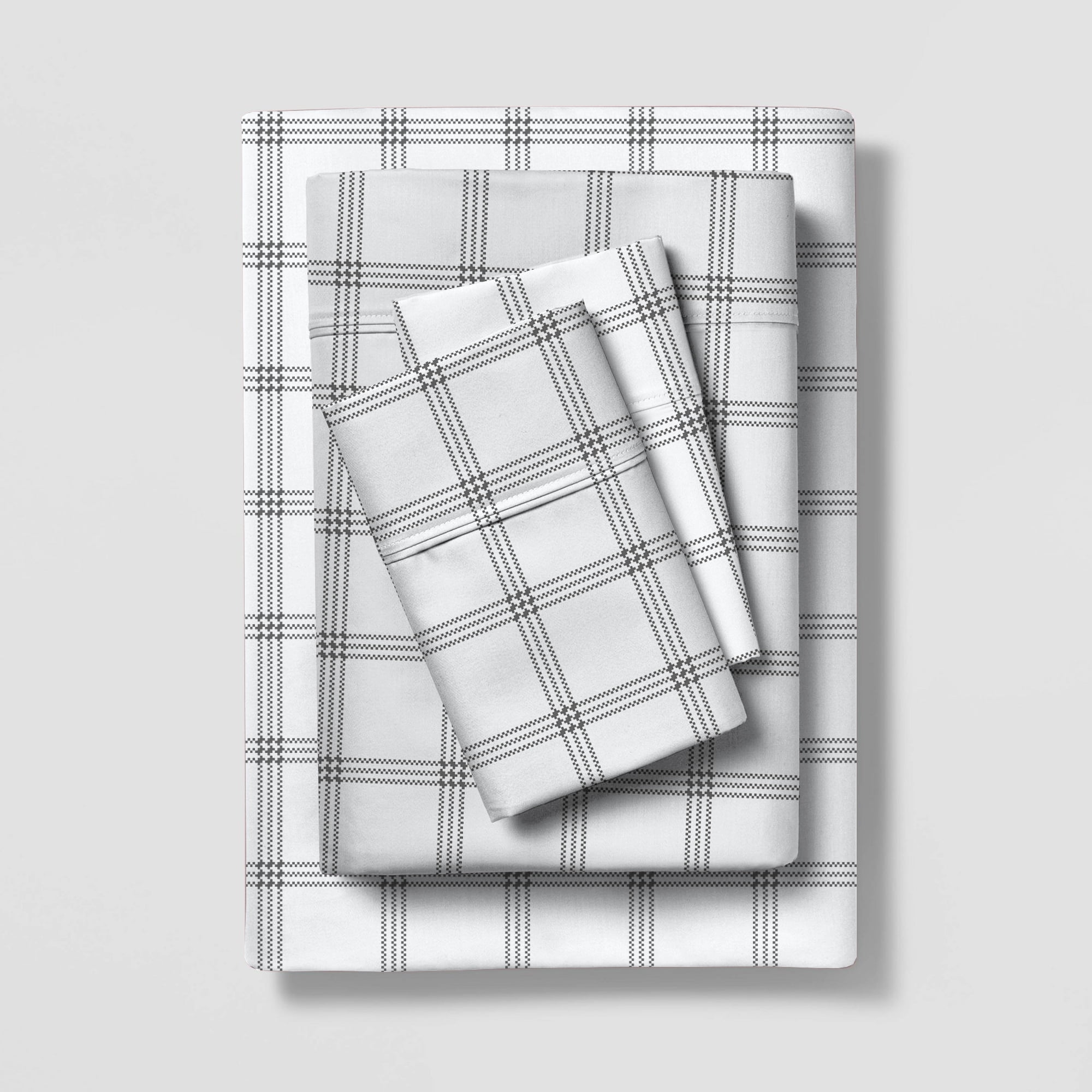 Color Sense Brushed Cotton Blend Percale Sheet Set King Grey Checks