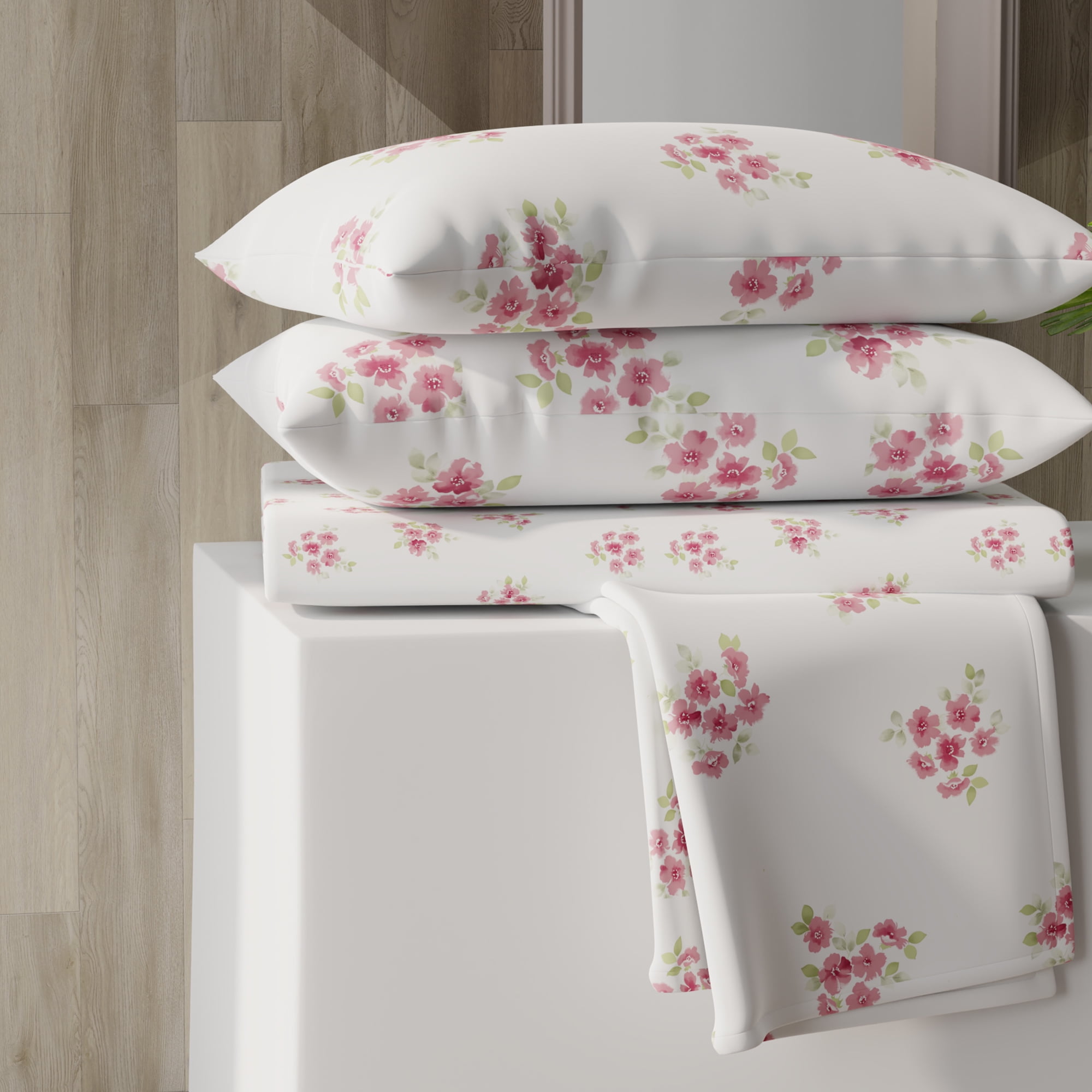 Queen Pink Floral Cotton Blend Percale Sheet Set