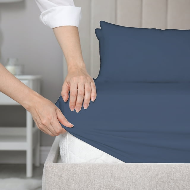 100 Cotton Percale Single Fitted Sheet Cool & Crisp Queen Navy by