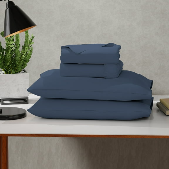 Color Sense Soft Finish Microfiber Percale King Bed Sheet Set – 4-Piece Lightweight, Wrinkle-Resistant, Quick-Dry, Navy Blue
