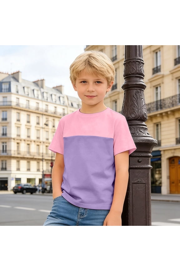 Color Short Sleeve For Boys Casual Comfortable Kids Tee Shirt With Contrast Design And Soft Casual Shirts Tees Tops Boys ,Purple,4-5 Years