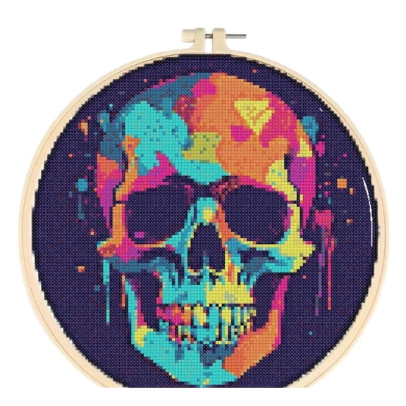 Color Skull Easy Cross Stitch Kits for Starter Kits DIY 11CT Pre-printed Stamped Patterns Embroidery Cross Stitching Needlework Kit Set Supplies with Hoop 38x38cm (A77)