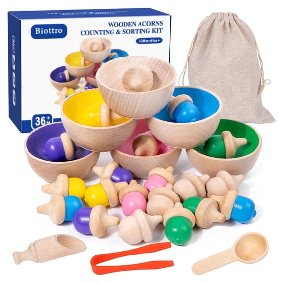 Biottro 30PCS Wooden Acorns Sorting Counting Toys with Storage Bag Montessori STEM Learning Toys for Toddlers 3+