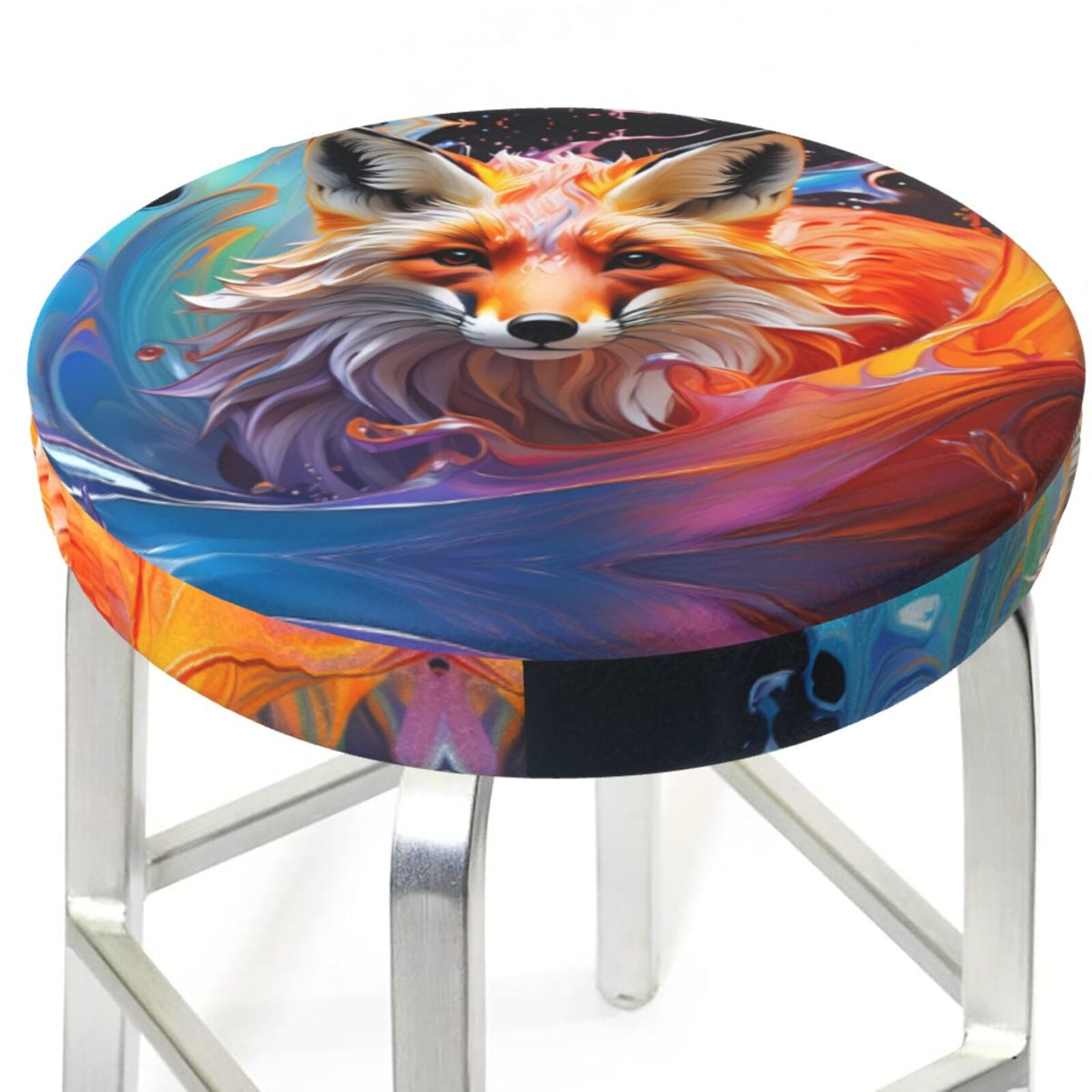 Color Splash Fox Portrait Round Bar Stool Seat Covers, Elastic Round