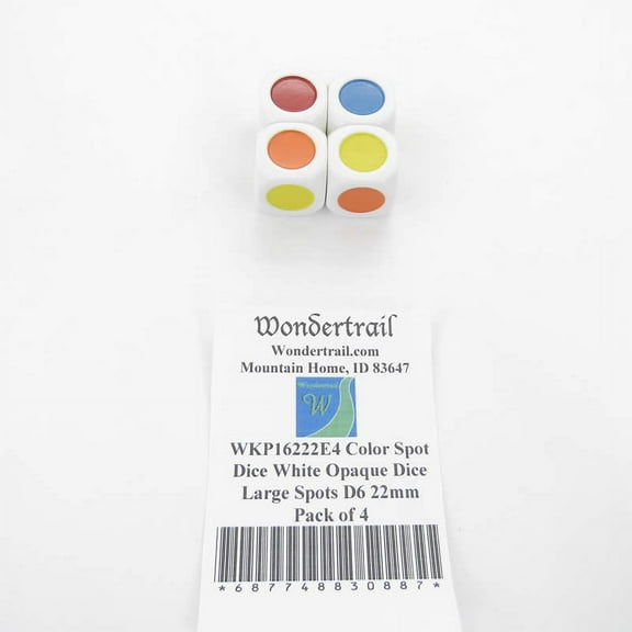 Color Spot Dice White Opaque Dice with Large Spots D6 22mm (7/8in) Pack of 4 Wondertrail