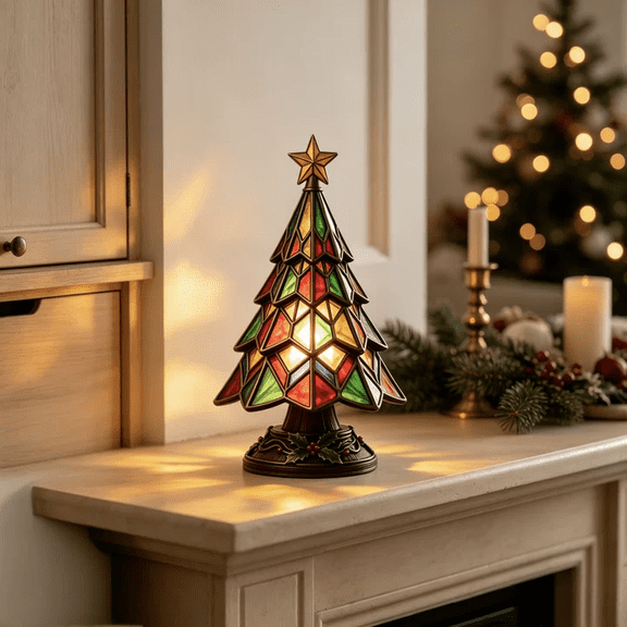 Color Stained Glass Christmas Tree Figurine Lamp,Resin USB Lighting Christmas Tree Statue,Vintage Tabletop Decoration for Christmas Indoor Display