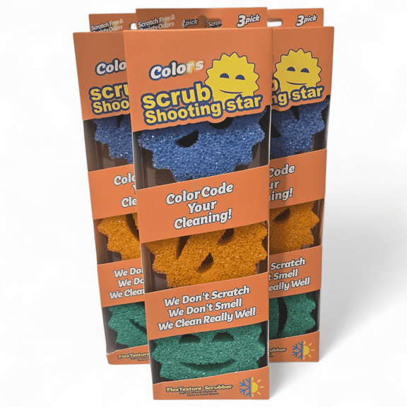 Color Star-Shaped Scrub Sponge Set, 3-Pack Bundle (9 Sponges total) Non-Scratch Kitchen Cleaning Sponges, Multi-Surface Scrubber