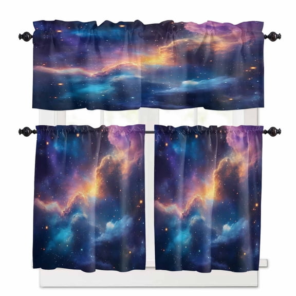 Color Starry Sky Kitchen Curtains and Valances Set, Night Sky Nature Scenery Modernism Rod Pocket Window Valance 18 Inch Window Curtain Panels for Living Room Bedroom Laundry, 27.5x36in, 3 Pieces