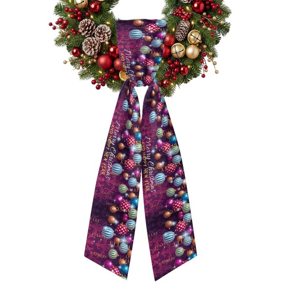 Color Striped Ball Wreath Sash for Front Door, Merry Christmas and Happy New Year Satin Wreath Ribbon Bow Accessory Garland Home Decor for Doorway Porch Yard 4.5x56