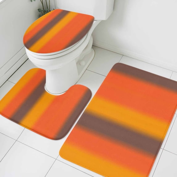 Color Striped Gradient Bathroom Rugs Set Modern Orange Yellow Brown Minimalist Non Slip Absorbent Soft Bath Mats 3 Piece Set with Bathroom Rug, U-Shaped Floor Mat, Toilet Seat Cover Small Size