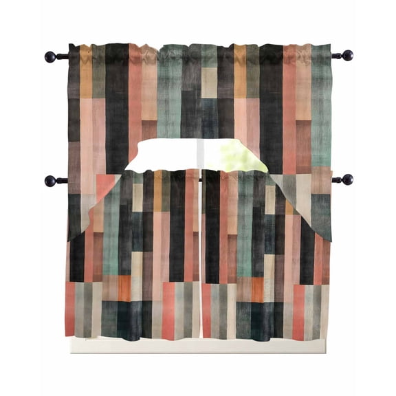 Color Striped Kitchen Curtains Sets 36 Inch Length with Valance, Modern Abstract Art Vertical Stripe Swag Valances and Tiers Curtain Set Drapes Swag Curtains for Living Room, Bathroom, Bedroom, Cafe