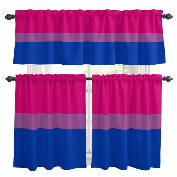 Color Stripes Kitchen Curtains Valances and Tiers Set of 3 Pink Purple Navy Blue Striped Abstract Lines Tier Curtains and Valance with Rod Pocket for Small Windows, 27.5"x24"