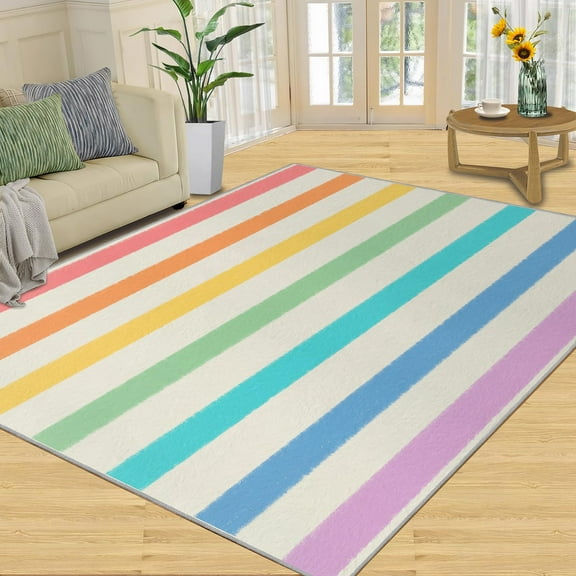 Color Stripes Rugs For Living Room, Beautiful Multicolor Rugs For Bedroom, Ultra Soft Non-Slip Short Pile Carpet For Kids Room Under Kitchen Table Office Bedside