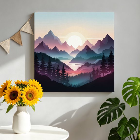 Color Sunrise Mountain Canvas Wall Art, Black Forest River Nature Landscape Pictures Wall Decor Wooden Framed Artwork Art Prints for Living Room Hallway Bedroom Office 8"x8"
