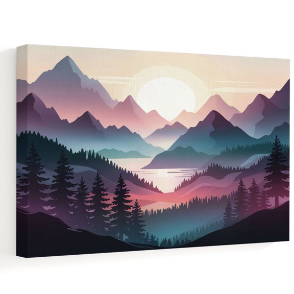 Color Sunrise Mountain Canvas Wall Art, Black Forest River Nature Landscape Wall Art Prints Artwork Framed Canvas Ready to Hang Art Pictures for Bathroom, Dressing Table, Entryway 12" x 8"