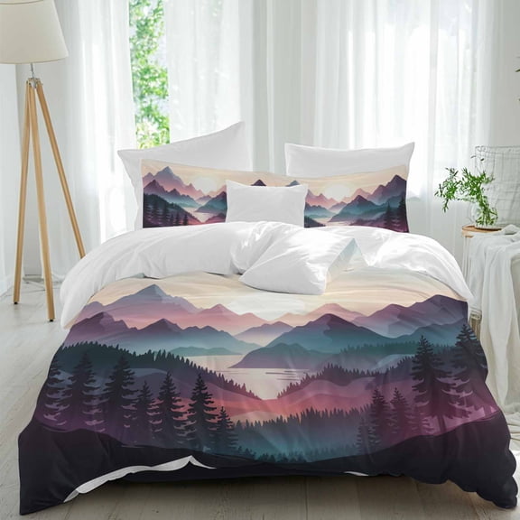 Color Sunrise Mountain Queen Size Comforter Set, Black Forest River Nature Landscape Bedding for All Seasons, 4 Pcs Bed Set, 1Quiltcover (90"x92") ,1Sheet(94"x116"), 2Pillowcases (30"x20")