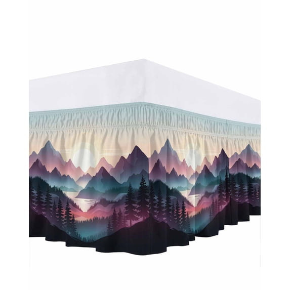 Color Sunrise Mountain Ruffle Bed Skirt Queen Size Black Forest River Nature Landscape Adjustable Elastic Dust Bed Skirts Wrap Around Bedskirt Wrinkle Free Easy Fit with 16 Inch Drop