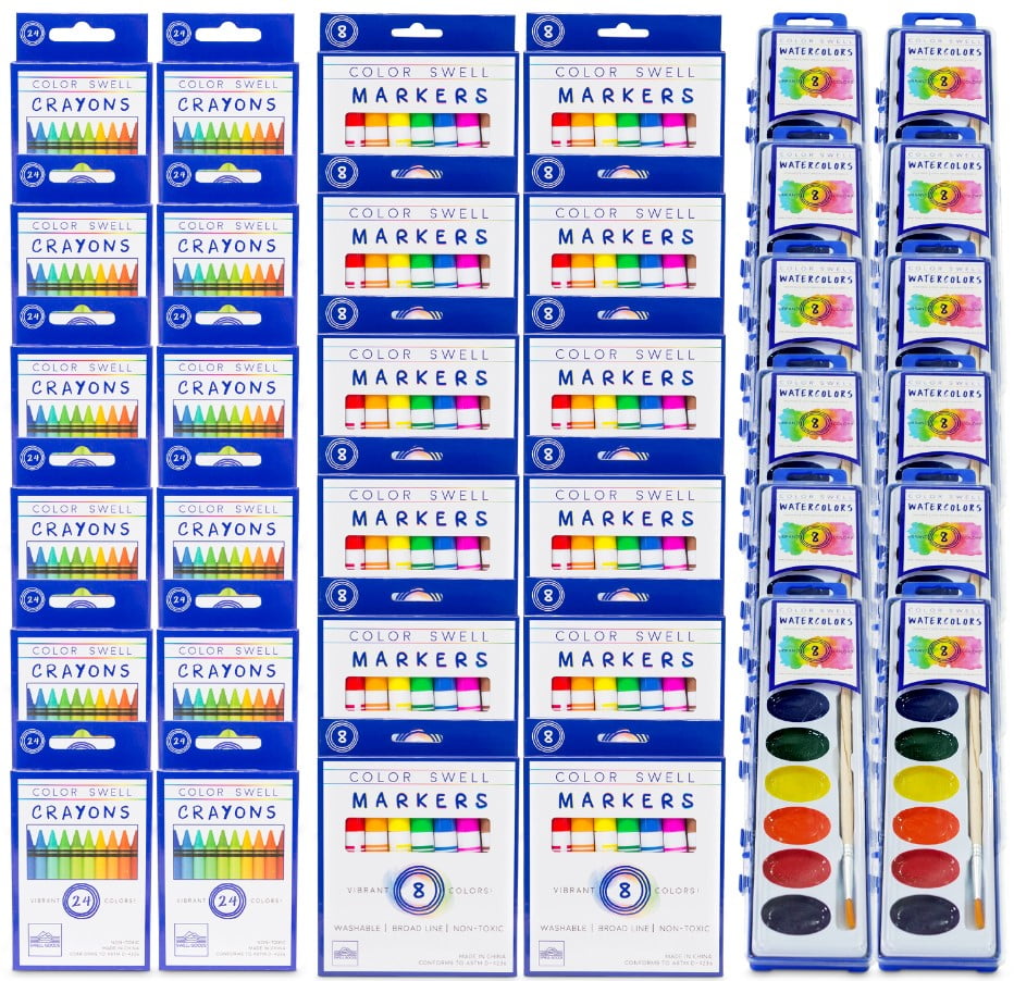 Color Swell Bulk Art Supplies 12 Packs of Broad Line Markers, Watercolors, and Wax Crayons